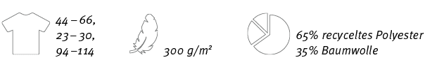 ￼,44 – 66, 23 – 30, 94 –114,￼,300 g/m2,￼,65% recyceltes Polyester 35% Baumwolle
