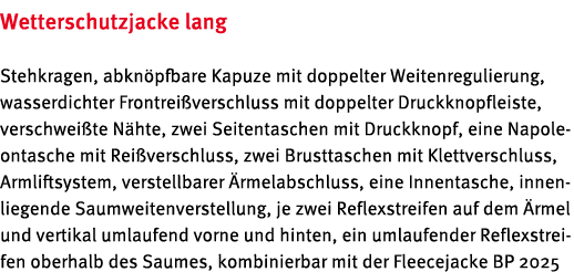 Wetterschutzjacke lang Stehkragen, abkn pfbare Kapuze mit doppelter Weitenregulierung, wasserdichter Frontrei verschl...
