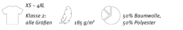 ￼,XS – 4XL Klasse 2: alle Gr en,￼,185 g/m2,￼,50% Baumwolle, 50% Polyester