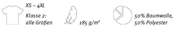 ￼,XS – 4XL Klasse 2: alle Gr en,￼,185 g/m2,￼,50% Baumwolle, 50% Polyester